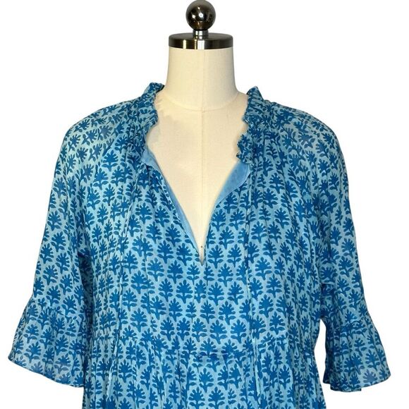 Oliphant Blue Floral Flutter Sleeve Dropped Tiered Mini Dress | L - Picture 2 of 9